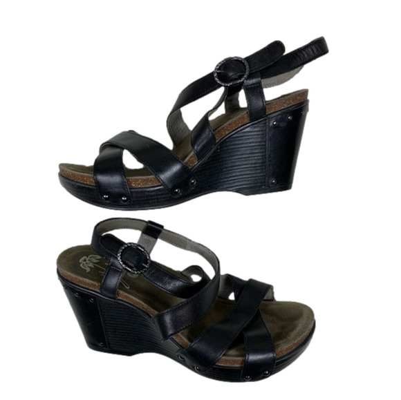 Dansko Frida Black Wedge Sandals Size 9.5-10 Open Toe Crisscross Strap - Picture 1 of 5